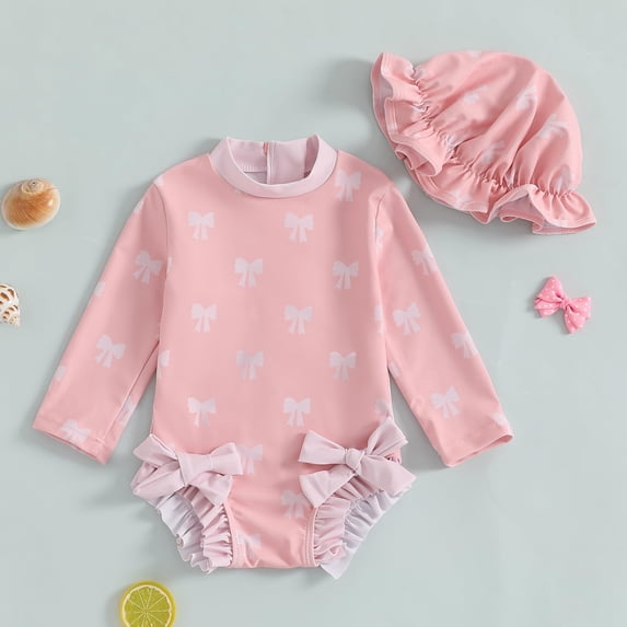 XIMIN Baby Girl One-Piece Swimsuit Long Sleeve Swimwear with Hat Swimsuit Romper with Hat Bathing Suit Ruffle Floral Zipper Beach Rash Guard (12-18 Months, Red)