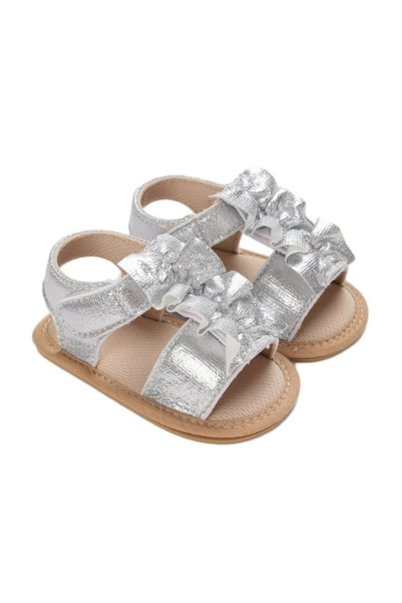 Baby Girl Sandals Rubber Sole Summer Outdoor Beach Infant First Walker Comfortable Premium Crib Dress Flat Shoes Baby Sandals (0-3 Months, Silver)