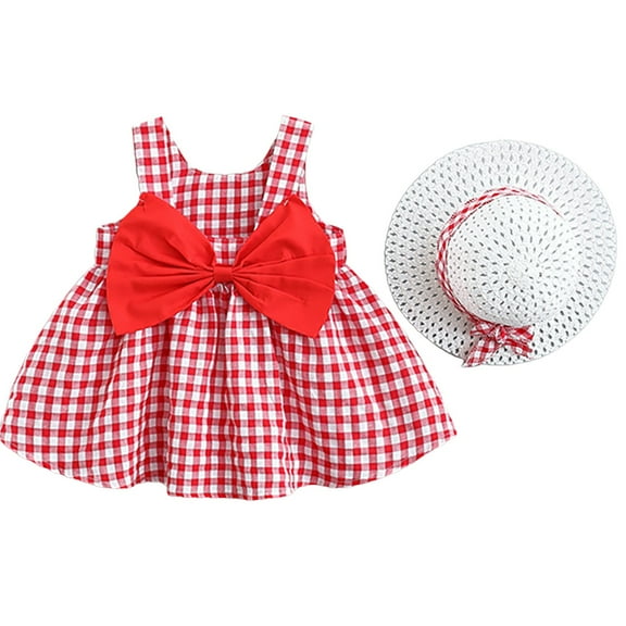 XIMIN Baby Girl Sleeveless Backless Bowknot Tutu Dresses with Flower w/Straw Hat Summer Party Princess Sundress Birthday Party Plaid Outfits Clothes