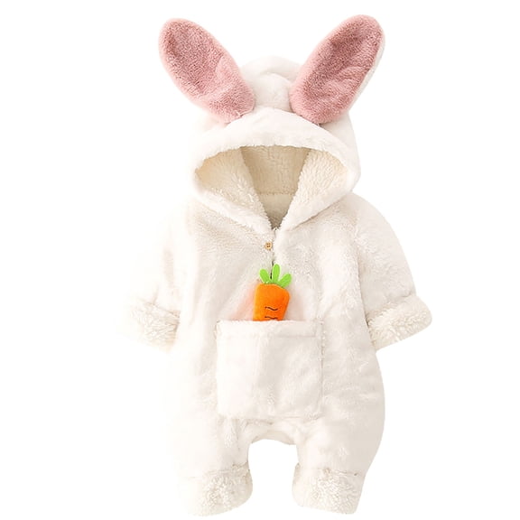 XIMIN Baby Girls Fleece Snowsuit Baby Bunny Ear Hooded Onesie Jumpsuit Winter Warm Windproof Hooded Button Cozy Fuzzy Onesie with Carrot Detail Infant Indoor Wear