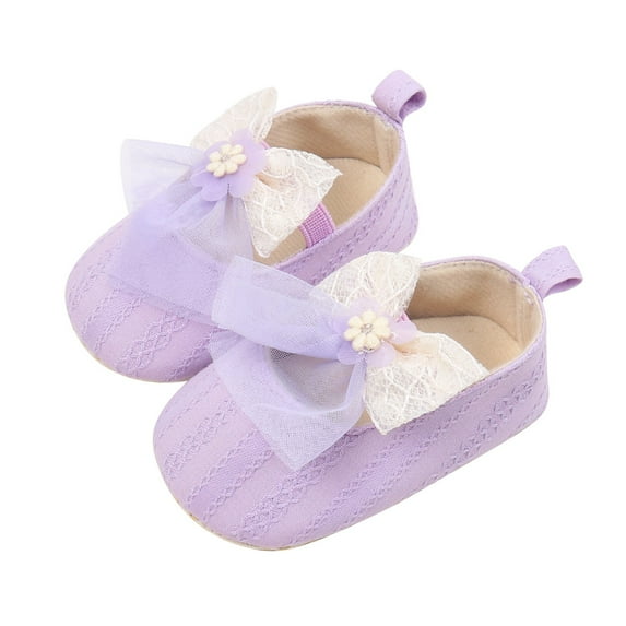 XIMIN Baby Girls Mary Jane Flats with Bowknot Floral Princess Wedding Dress Shoes Non-Slip Lightweight Soft Newborn Infant First Walkers (3-6 Months, Purple)