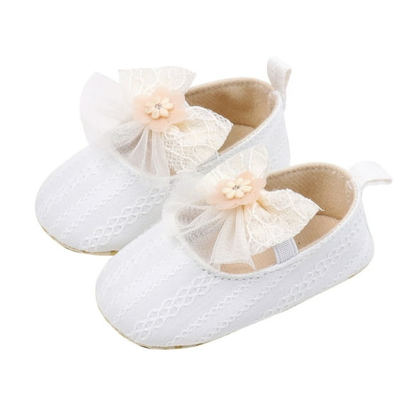 XIMIN Baby Girls Mary Jane Flats with Bowknot Floral Princess Wedding Dress Shoes Non-Slip Lightweight Soft Newborn Infant First Walkers (6-12 Months, White)
