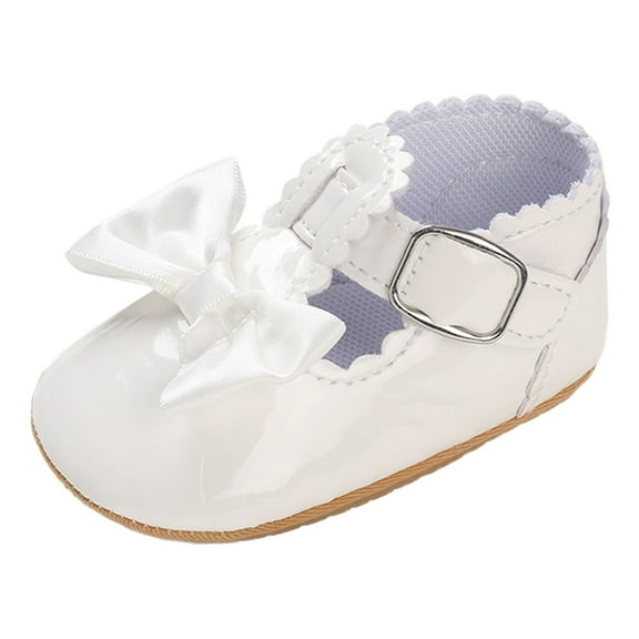 XIMIN Baby Girls Mary Jane Flats Infant Non-Slip Bowknot Princess Wedding Dress Soft Sole Shoes Toddler PU Leather Baptism Fashion Shoes (12-18 Months, White)
