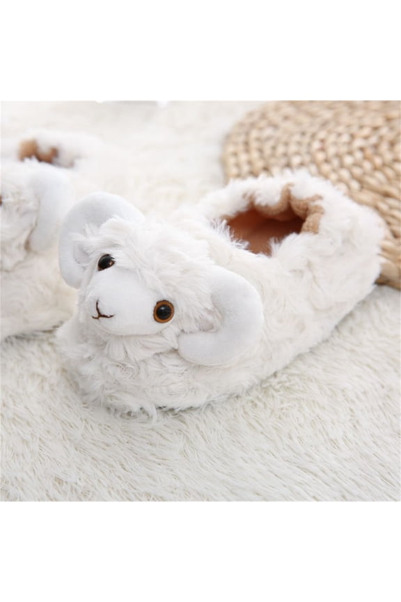 Baby Infant Soft Plush Cartoon Animal Cute Goat Slippers Indoor Warm Ankle Flat Kids Home Slippers Toddler Fuzzy Thick Winter Closed Toe Slippers
