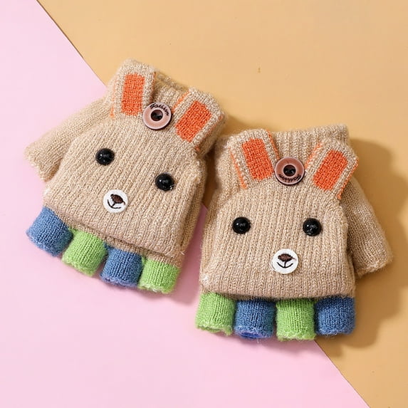 XIMIN Baby Soft Mittens Convertible Boys Flip Winter Kids Bunny Fingerless Flip Top Gloves Soft Wool Gloves Fingerless Cover Toddler Knit Gloves