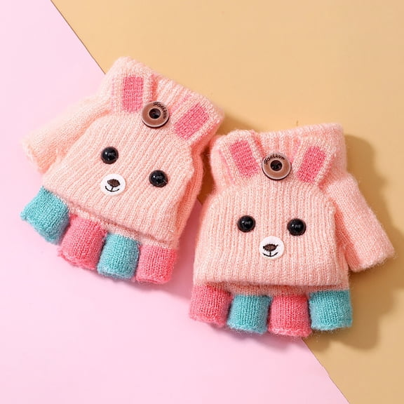 XIMIN Baby Soft Mittens Convertible Boys Flip Winter Kids Bunny Fingerless Flip Top Gloves Soft Wool Gloves Fingerless Cover Toddler Knit Gloves
