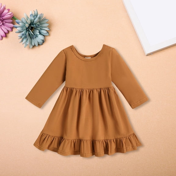 XIMIN Baby Toddler Girls Casual Dress Solid A-line Twirly Dress Long Sleeve Crewneck High Waist A Lined Swing Skater Ruffle Hem Dresses Fall Winter Outfit
