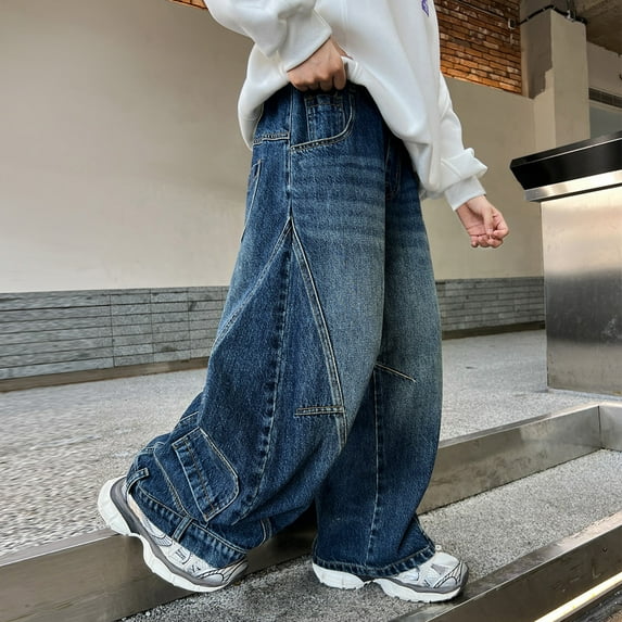 XIMIN Baggy Jeans for Teen Boys Y2K Straight Wide Leg Denim Pants Kids Casual Elastic Waist Loose Trousers with Pockets Loose Streetwear (9-10 Years, Blue)
