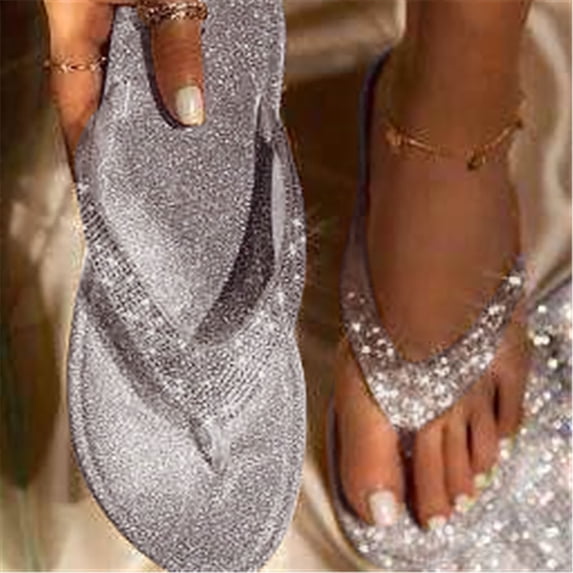 XIMIN Beach Slippers for Women Summer Fancy Style Flip Flops Rhinestone Star Cushion Fashion Open Toe Slippers Bling-Bling Flat Slides (6, Silver)