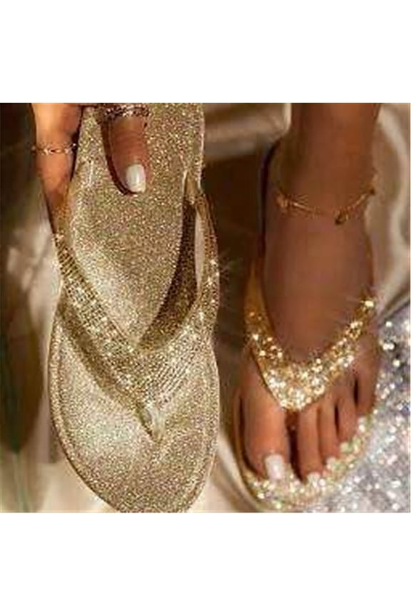 Beach Slippers for Women Summer Fancy Style Flip Flops Rhinestone Star Cushion Fashion Open Toe Slippers Bling-Bling Flat Slides (8, Gold)