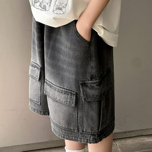 XIMIN Boys Baggy Denim Shorts Teens Wide Leg Knee Length Cargo Jeans Hip Hop Skateboard Pockets Y2k Kids Shorts Skater Pants Denim Cargo Shorts (12-13 Years, Black)