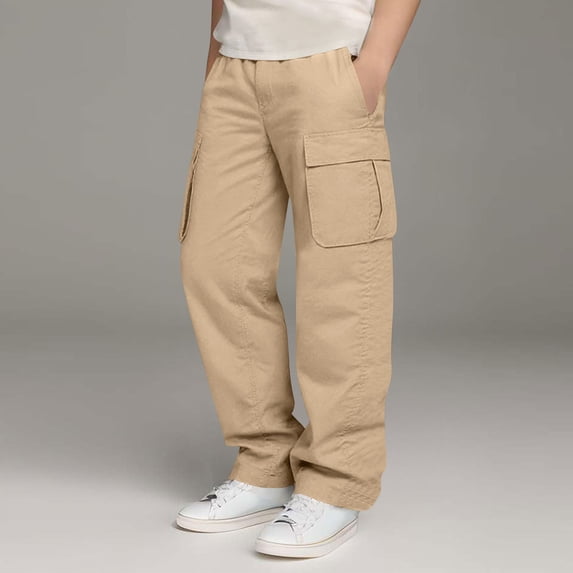 XIMIN Boys Cargo Pants Retro Bootcut Elastic Waistband Straight Leg Sport Pant Drawstring Open Bottom Casual Classic Running Hiking Fall Trousers with Pockets