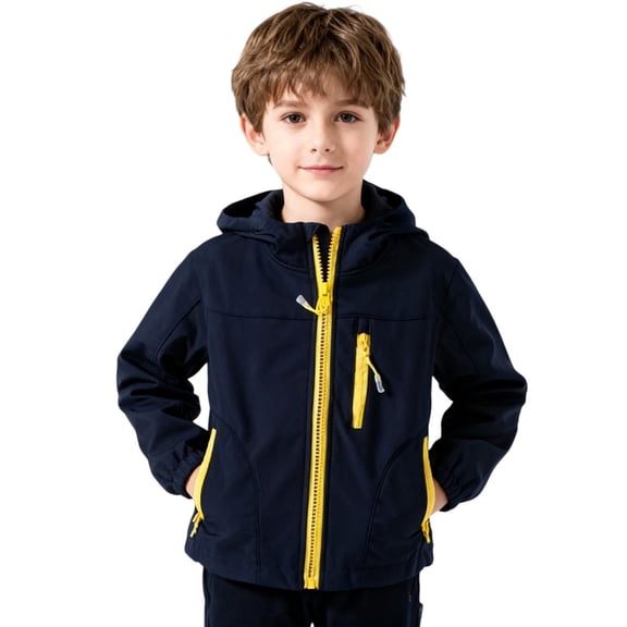 XIMIN Boys Fleece Lined Softshell Jacket Windbreker Lightweight Long Sleeve Zip up Pocket Hooded Winter Coats Kids Toddler Soft Casual Waterproof Outwear