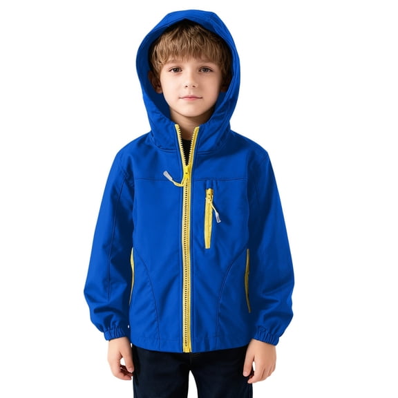 XIMIN Boys Fleece Lined Softshell Jacket Windbreker Lightweight Long Sleeve Zip up Pocket Hooded Winter Coats Kids Toddler Soft Casual Waterproof Outwear