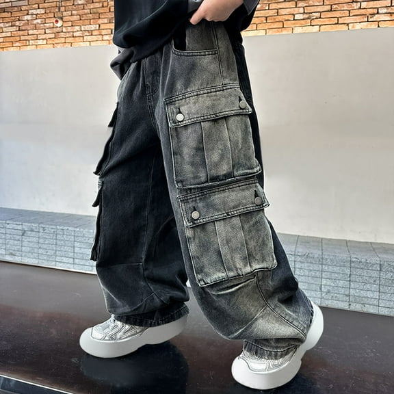 XIMIN Boys Girls Cargo Jeans Y2k Wide Leg Grunge Loose Pants Elastic Waist Baggy Trousers with Multi Pocket Kids Clothes Streetwear Straight Leg Denim Pant