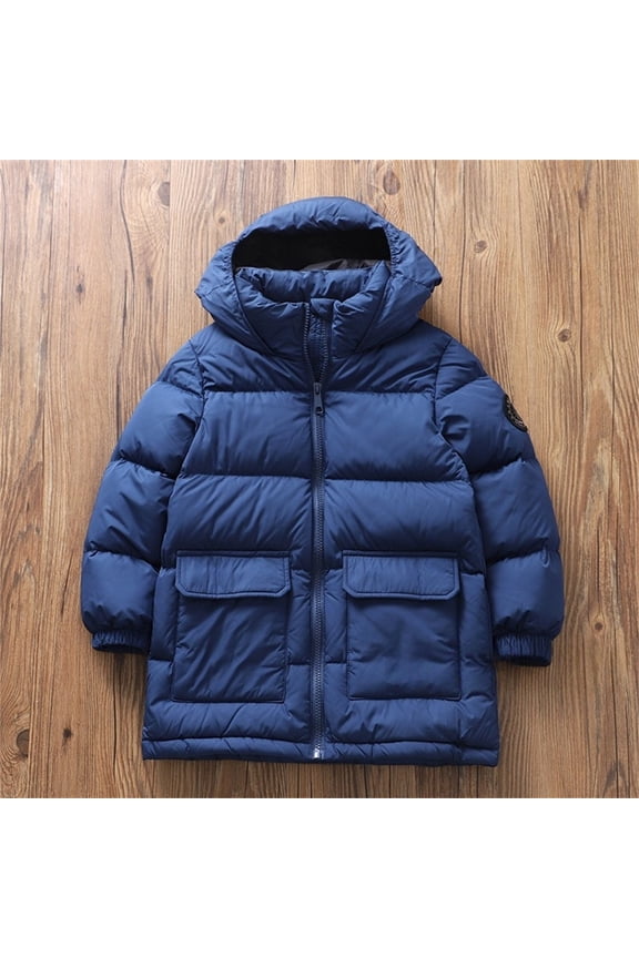 Boys Girls Coats Hooded Puffer Jackets Kids Medium Length Cotton Padded Coats Light Weight Warm Insulated Windproof Winter Snow Outwear with Hood