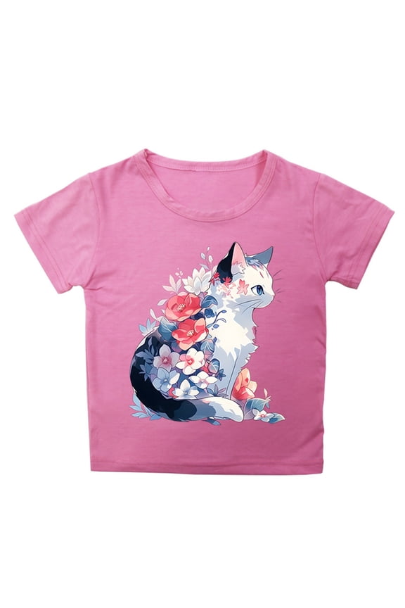 Boys Girls Funny Cute Anime Cat Print Graphic T-Shirt Short Sleeve Crewneck Tee Shirt Causal Loose Active Tops Summer Clothes (7-8 Years, Pink)