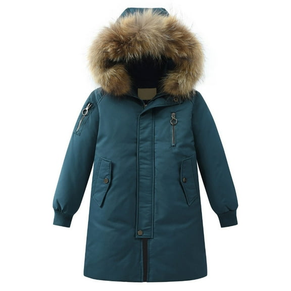XIMIN Boys Girls Long Coat Insulated Heavyweight Puffer Jacket Waterproof Fleece Lined Parka Jackets Insulated Parka with Faux Fur Hooded Padded Down Coat