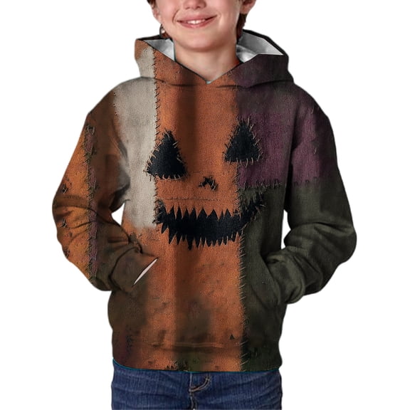 XIMIN Boys Girls Oversized Halloween Spooky Pumpkin Patch Face Sweaters Patchwork Henley Sweatshirts Vintage Distressed Holiday Clothes Soft School Shirts