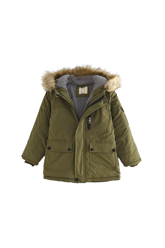 Boys Girls Solid Color Fleece-Lined Faux-Fur Padded Parka Coats Hood Zip up Snow Jackets Thick Warm Outdoor Hiking Windproof Outwear with Pockets