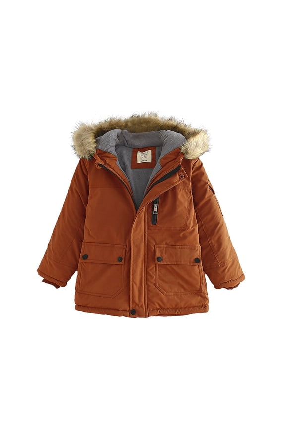 Boys Girls Solid Color Fleece-Lined Faux-Fur Padded Parka Coats Hood Zip up Snow Jackets Thick Warm Outdoor Hiking Windproof Outwear with Pockets