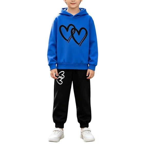 XIMIN Boys Heart Print Hoodie and Jogger Pants Set, Long Sleeve Matching 2 Piece Sweatsuit, Kids Casual Streetwear Outfit (Blue, 9-10 Years)