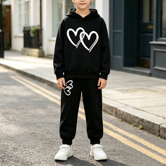 XIMIN Boys Heart Print Hoodie and Jogger Pants Set, Long Sleeve Matching 2 Piece Sweatsuit, Kids Casual Streetwear Outfit (Grey, 9-10 Years)