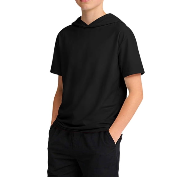 XIMIN Boys Hooded Short Sleeve Shirt - Oversized Casual Kids Tee Pullover T-Shirt with Hood kids Top for Streetwear Summer Outfit (Black, 12-13 Years)