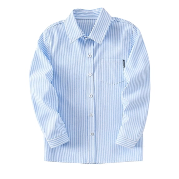 XIMIN Boys Long Sleeve Oxford Dress Shirt Casual Button Down Striped Top with Lapel Collar Kids Formal Blouse