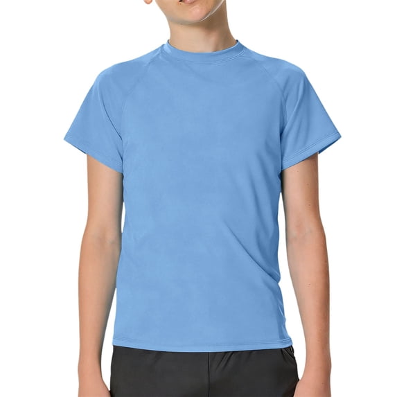 XIMIN Boys Raglan Short Sleeve Shirt - Athletic Fit Crewneck Kids Tee T-Shirt for Sports Training Everyday Casual Wear (Sky Blue, 9-10 Years)