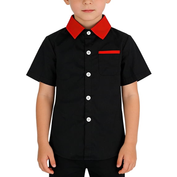 XIMIN Boys Short Sleeve Button Down Shirt - Classic Collared Kids Top Dress Shirt with Contrast Trim Chest Pocket School Uniform (Black, 5-6 Years)
