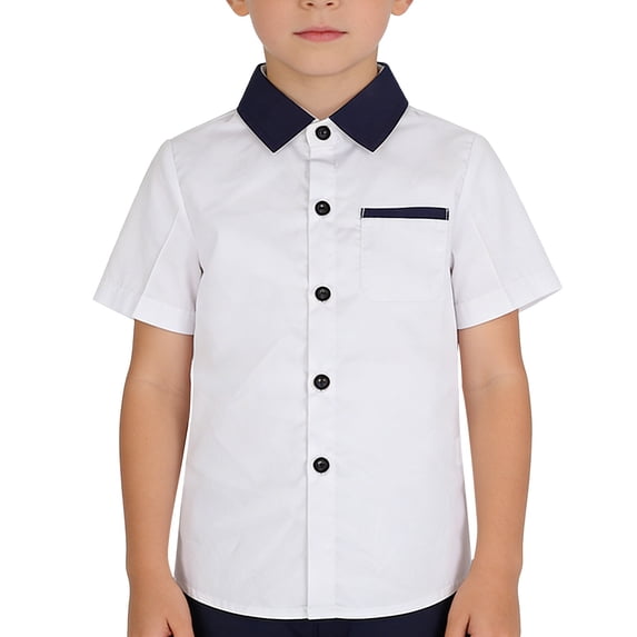 XIMIN Boys Short Sleeve Button Down Shirt - Classic Collared Kids Top Dress Shirt with Contrast Trim Chest Pocket School Uniform (White, 3-4 Years)
