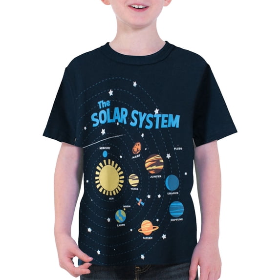 XIMIN Boys Short Sleeve Shirt - Crewneck Casual Kids Pullover Tee T-Shirt Solar System Graphic Print Casual Kids Top for Summer Play (Black, 12-24Months)