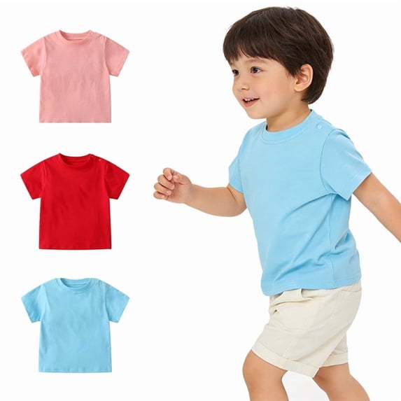 XIMIN Boys Solid Short Sleeve Shirt - Classic Crewneck Kids Basic Soft Plain Tee Pullover T-Shirt with Shoulder Snap Closure for Easy Dressing (Light Blue, 6-9 Months)