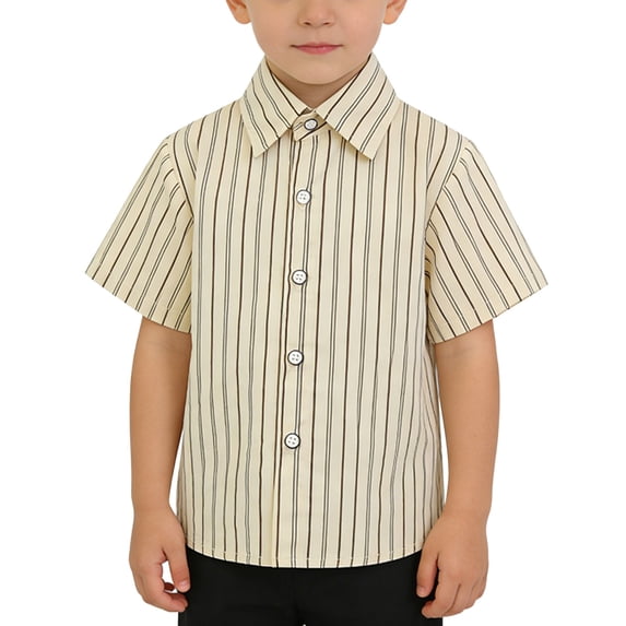 XIMIN Boys Striped Short Sleeve Button Down Shirt - Classic Collared Casual Kids Top Kids T-Shirt School Uniform Daily Outfit (Khaki, 7-8 Years)