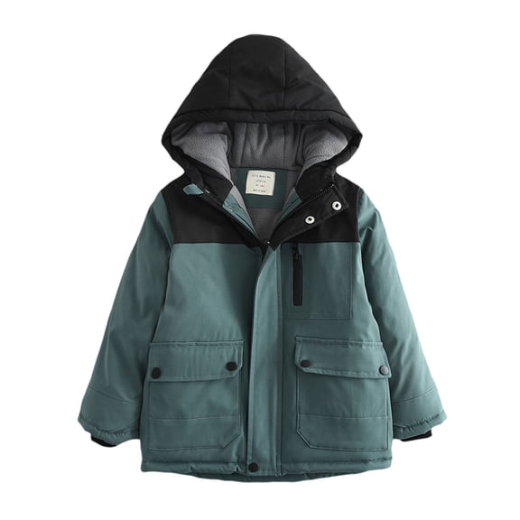 XIMIN Boys Winter Coat Color Block Long Magic Sleeve Softshell Jacket Zip Up Button Front Fleece Lined Hooded Jackets with Pocket Soft Warm Kids Ski Jacket