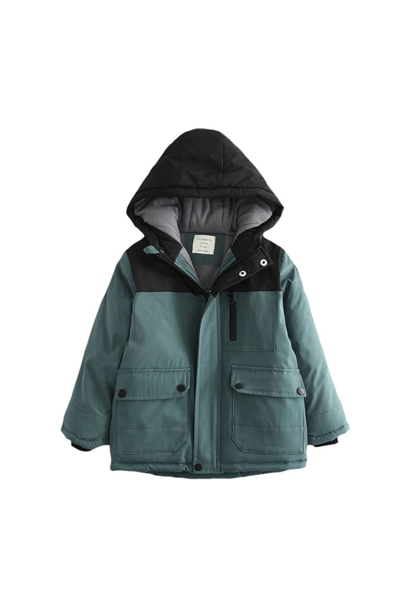 Kids Boys Winter Fleece Lined Jacket Color Block Softshell Jacket Hooded with Magic Sleeve Windproof Waterproof Coat Warm Cozy Pocket Outerwear