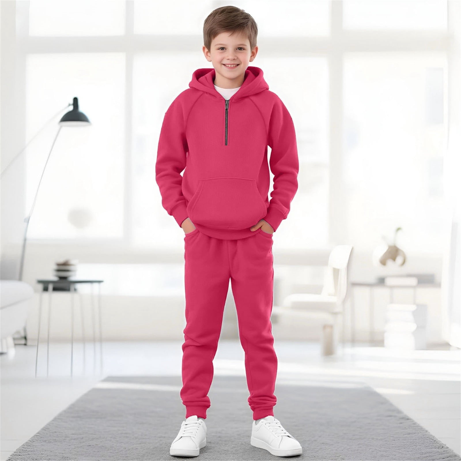 XIMIN Boys and Girls Half Zip Sweatsuit Set, Solid Hooded