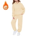 thumbnail image 1 of XIMIN Boys and Girls Velvet Sweatsuit Set, Athletic 2 Piece Outfit with Preppy Hoodie and Sweatpants, Fall Winter Warm Tracksuit (Beige, 5-6 Years), 1 of 7