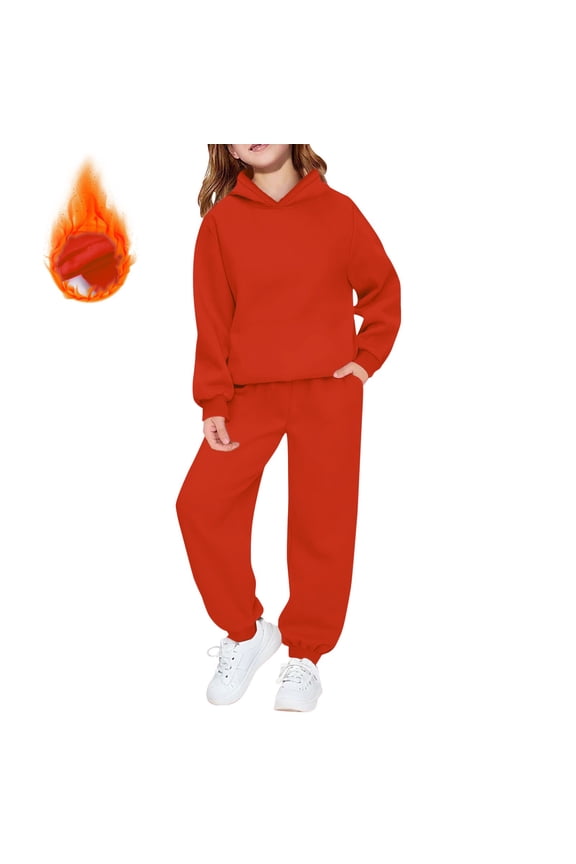 Boys and Girls Velvet Sweatsuit Set, Athletic 2 Piece Outfit with Preppy Hoodie and Sweatpants, Fall Winter Warm Tracksuit (Orange, 9-10 Years)