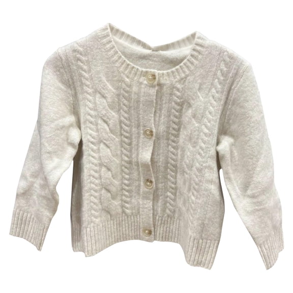 XIMIN Cable Knit Cardigan for Baby Girls Button Down Crewneck Button Solid Color Long Sleeve Crop Knitted Sweater Fall Winter Lightweight Warm Tops
