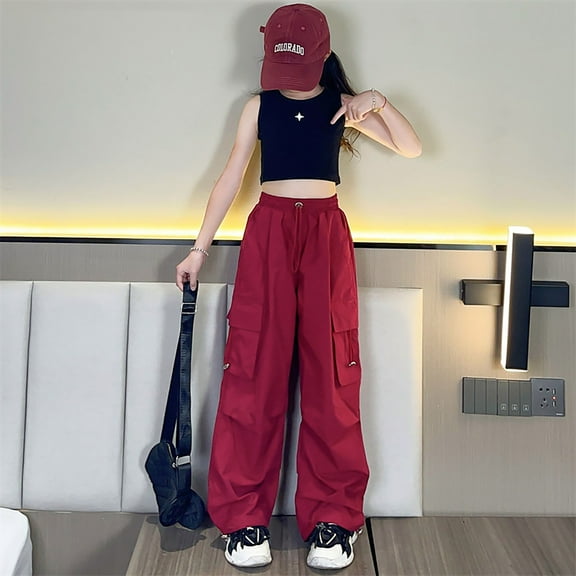 XIMIN Cargo Pants Women Baggy Parachute Pants Woman Mutil Pockets Loose Fit Outdoor Casual Comfortable Pants Spring and Summer for Women (5-6 Years, Red)