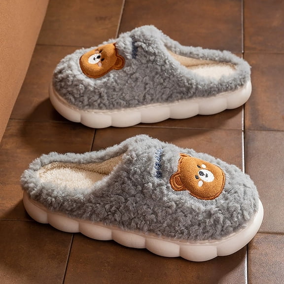 XIMIN Cute Bear Cotton Slippers for Women Men Furry Warm Slide Slippers with Thick Sole Cozy House Slippers Closed Toe Slippers Indoor Home Shoes Anti-skid Slippers