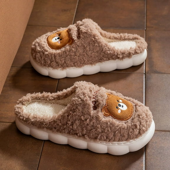 XIMIN Cute Bear Cotton Slippers for Women Men Furry Warm Slide Slippers with Thick Sole Cozy House Slippers Closed Toe Slippers Indoor Home Shoes Anti-skid Slippers