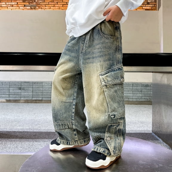XIMIN Denim Cargo Jeans for Boys Girls Wide Leg Pants with Multi Pocket Elastic Waist High Waist Floor Length Baggy Trousers Kids Straight Leg Wide Leg Denim Pant