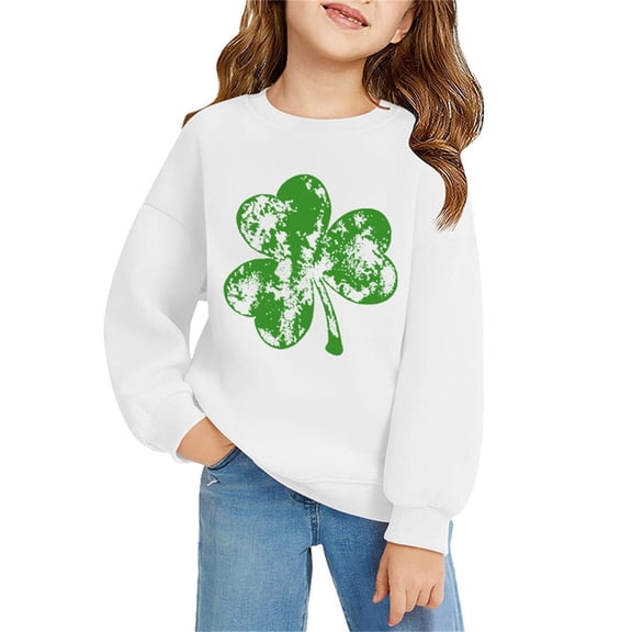 XIMIN Distressed Texture Four-Leaf Clover Kids' Boys Girls Crewneck Sweatshirt - Green Graphic, Soft St. Patrick's Day Lucky Charm Top