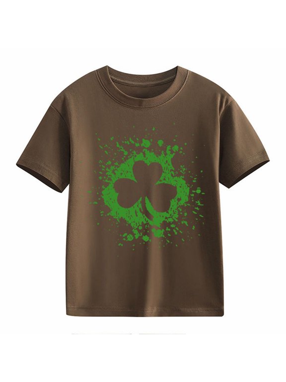Edgy Splatter Clover Kids' Girls Boys Short-Sleeve Crew Neck T-Shirt - Distressed Green Graphic, Soft St. Patrick's Day Lucky Charm Top
