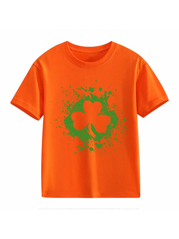 Edgy Splatter Clover Kids' Girls Boys Short-Sleeve Crew Neck T-Shirt - Distressed Green Graphic, Soft St. Patrick's Day Lucky Charm Top