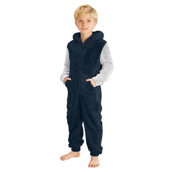 XIMIN Fleece Boys Jumpsuit Pajamas, Soft Zip Up Hooeded Sherpa Lined Romper Onesie, Winter Comfy Sleepwear with Pockets