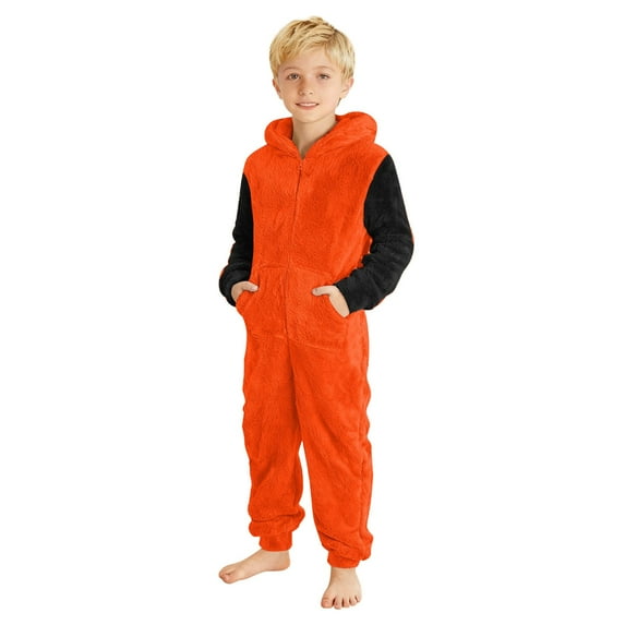 XIMIN Fleece Boys Jumpsuit Pajamas, Soft Zip Up Hooeded Sherpa Lined Romper Onesie, Winter Comfy Sleepwear with Pockets